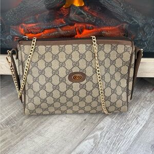 Auth GUCCI Vintage GG Pattern Canvas & Brown Leather Clutch Purse Bag crossbody